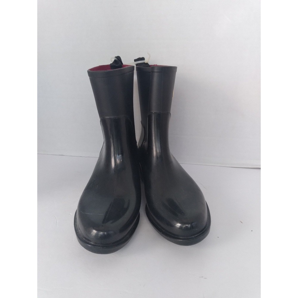 Tommy Hilfiger Womens Black Rubber Rain Boots Gold Logo Mid‎ Calf Block Heel